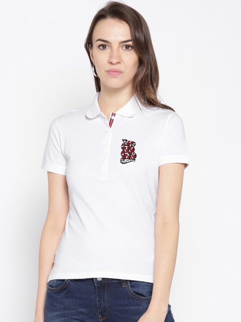 

Madame Women White Solid Polo Collar T-shirt