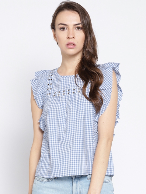 

Madame Women Blue & White Checked Pure Cotton Top