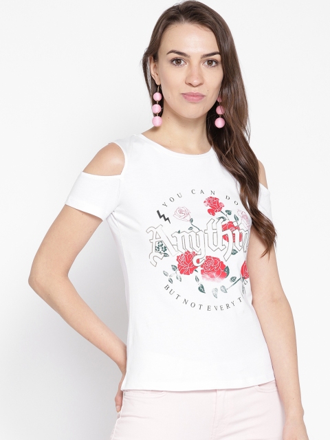 

Madame Women White Printed Cold-Shoulder Pure Cotton Top