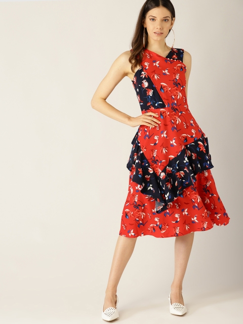 

Madame Women Red Printed Ruffled Fit and Flare Dress