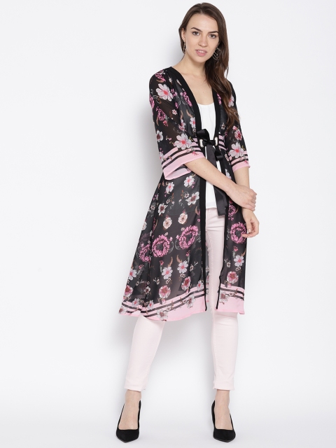 

Madame Black & Pink Floral Print Semi-Sheer Longline Tie-Up Shrug