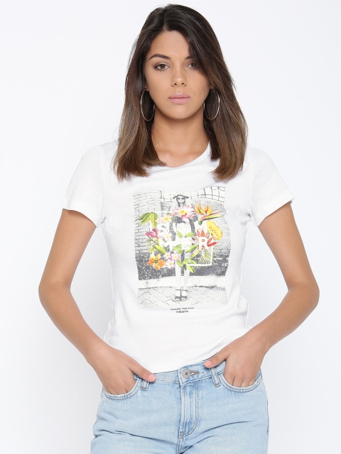 

Madame Women White Printed Round Neck T-shirt