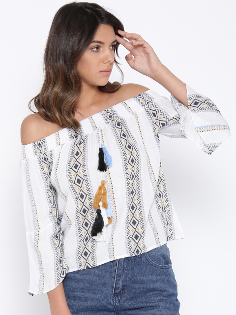 

Madame Women White & Blue Printed Bardot Pure Cotton Top