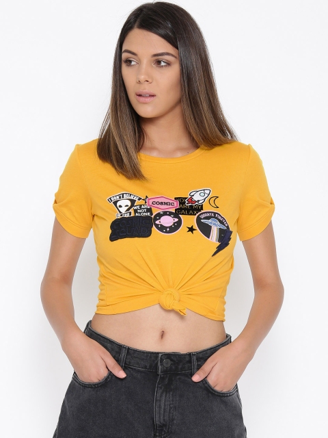 

Madame Women Yellow Printed Round Neck T-shirt