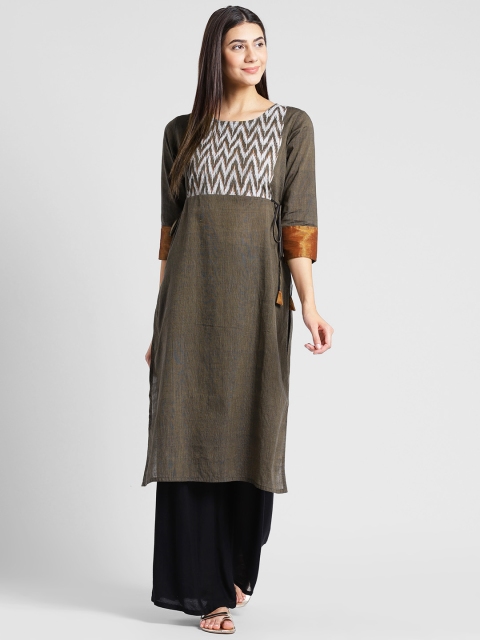 

Kira Women Grey & Brown Woven Design Straight Kurta