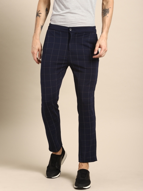 

ether Men Navy Blue & White Regular Fit Checked Regular Trousers