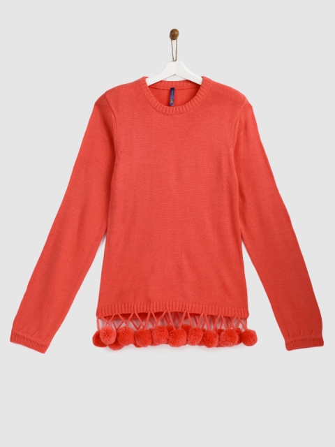 

YK Girls Coral Orange Pom Pom Pullover