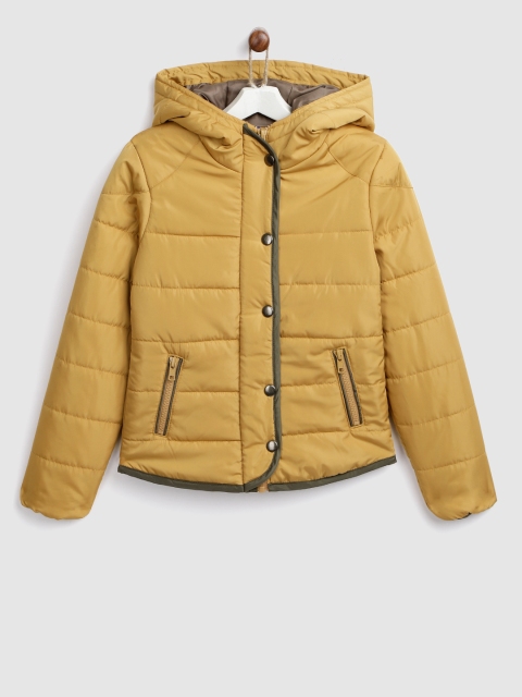 

YK Girls Mustard Yellow Solid Hooded Padded Jacket