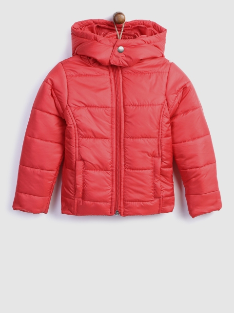 

YK Girls Red Solid Padded Jacket with Detachable Hood