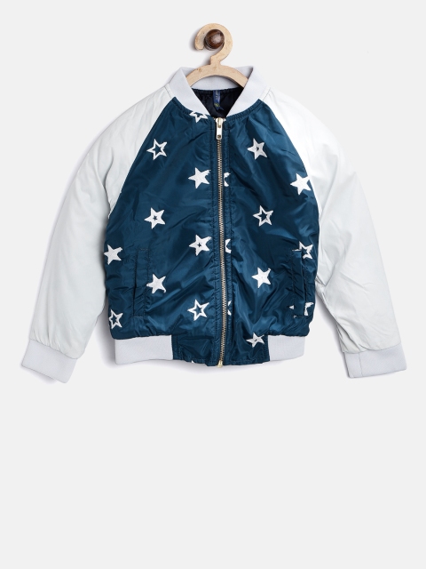 

YK Girls Navy & Off-White Embroidered Bomber Jacket, Navy blue