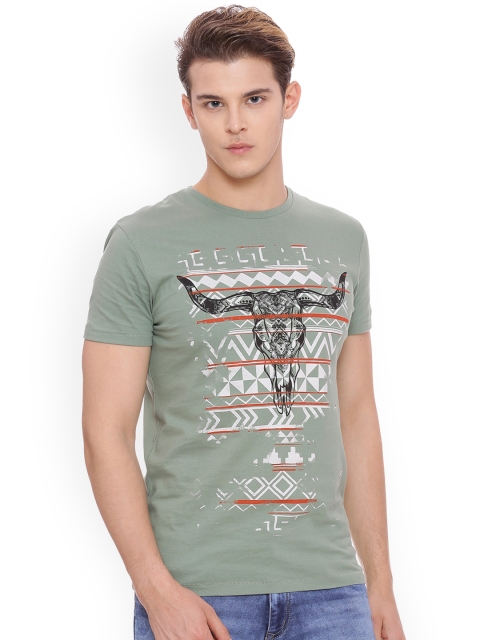 

People Men Olive Green Printed Round Neck T-shirt