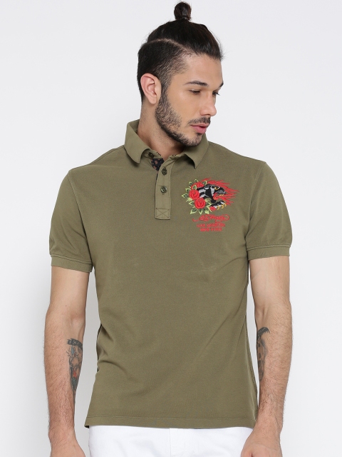 

Ed Hardy Men Olive Green Embroidered Polo Collar Pure Cotton T-shirt