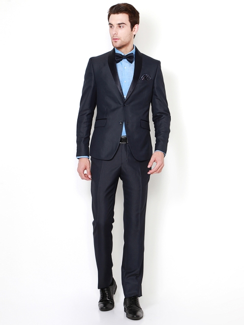 

V Dot Navy Navy Blue Self-Design Slim-Fit Single-Breasted Formal Suit