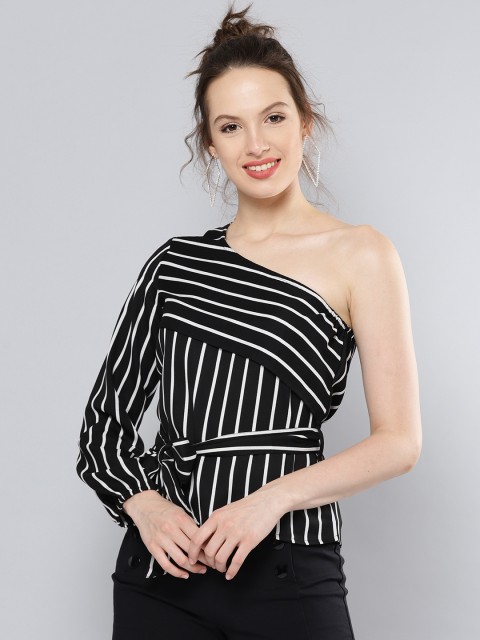 

Besiva Women Black Striped One Shoulder Top