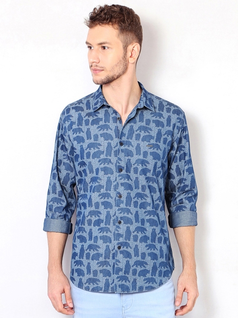 

V Dot Men Blue Slim Fit Printed Casual Cotton Shirt