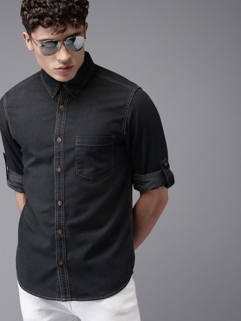 

Moda Rapido Men Black Regular Fit Solid Chambray Shirt