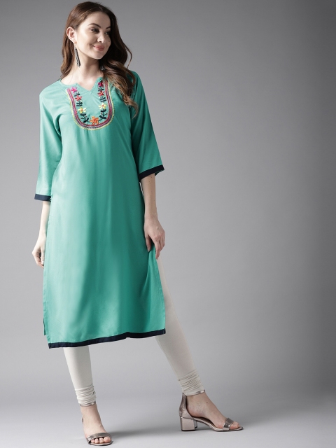 

HERE&NOW Women Turquoise Blue Embroidered Straight Kurta