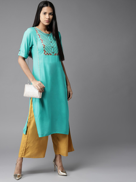 

HERE&NOW Women Blue Yoke Design Straight Kurta
