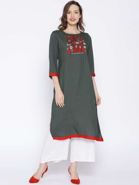 

HERE&NOW Women Charcoal Grey Yoke Design Straight Kurta