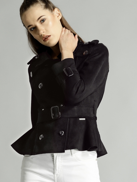 

Roadster Women Black Solid Double-Breasted Suede Finish Tailored Jacket