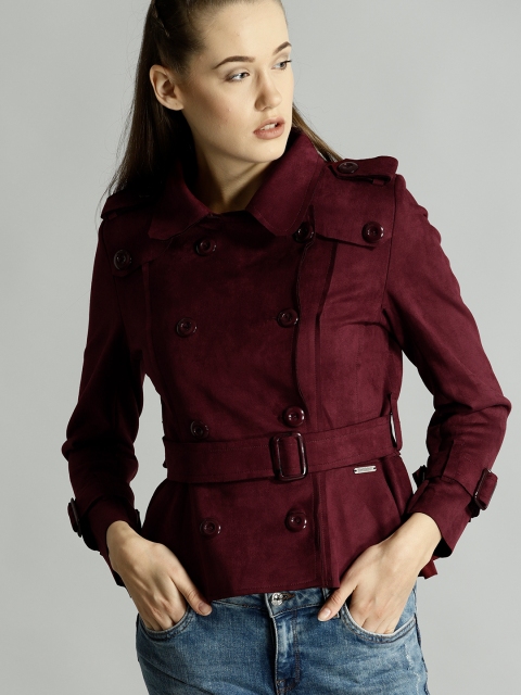 

Roadster Women Burgundy Solid Double-Breasted Suede Finish Tailored Jacket