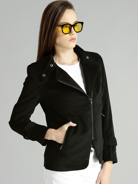 

Roadster Women Black Solid Asymmetric Closure Biker Jacket