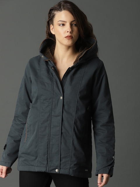 

Roadster Women Navy Solid Padded Hooded Jacket, Navy blue