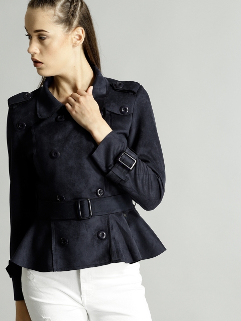 

Roadster Women Navy Blue Solid Double-Breasted Suede Finish Tailored Jacket