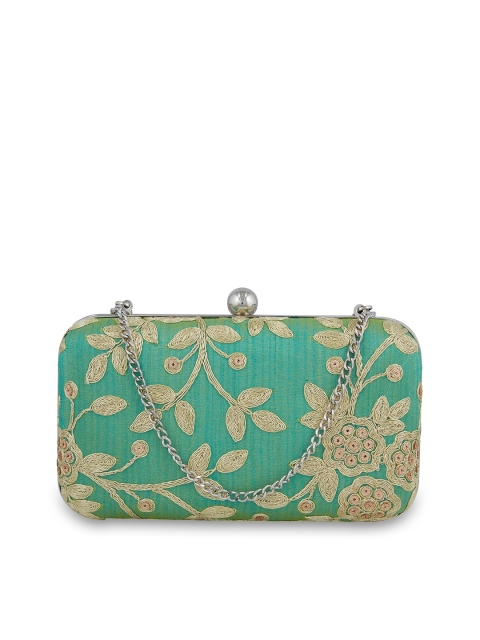 

Tarusa Green Embroidered Silk Box Clutch