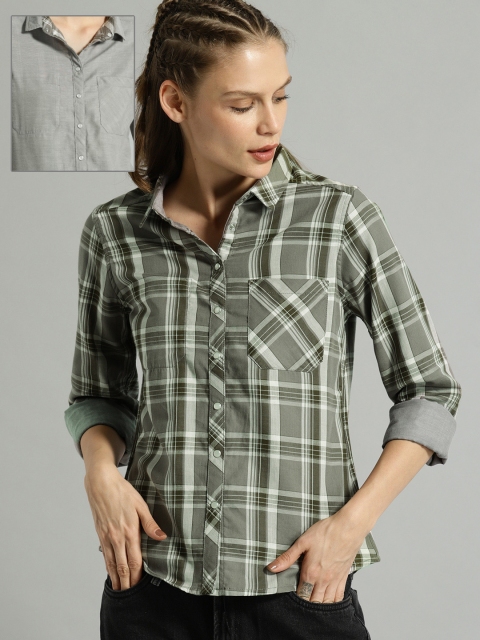 

Roadster Women Grey & Olive Green Regular Fit Checked Reversible Casual Shirt