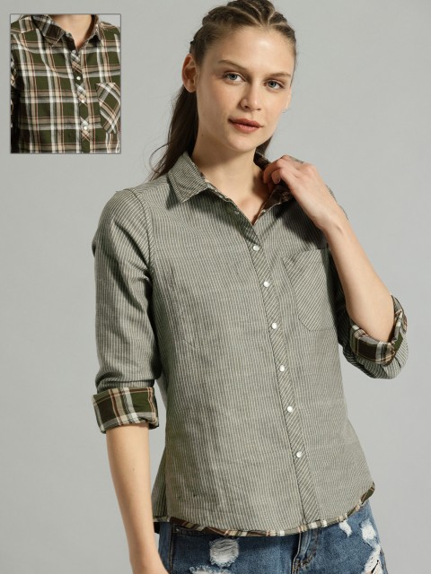 

Roadster Women Olive Green & Beige Regular Fit Checked Reversible Casual Shirt