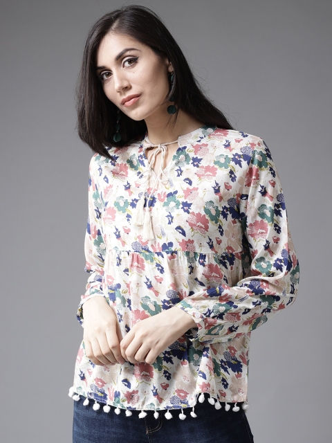 

Moda Rapido Women Off-White & Blue Printed A-Line Top