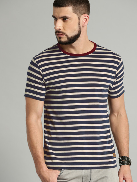 

Roadster Men Navy Blue & White Striped Round Neck T-shirt