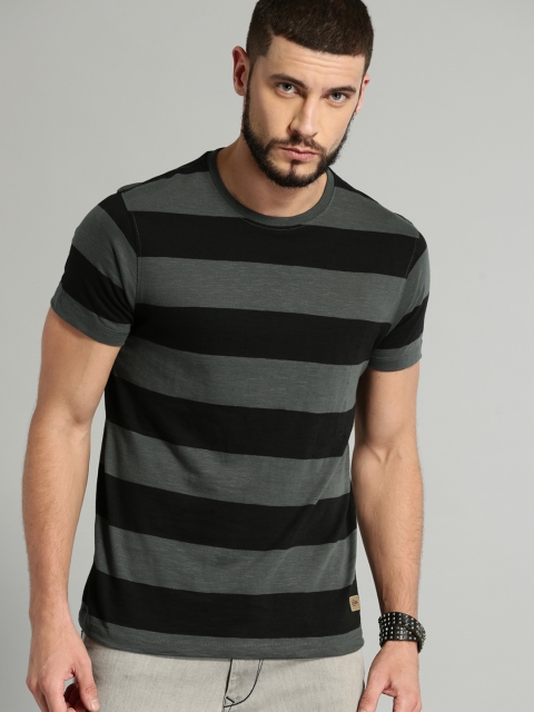

Roadster Men Black & Grey Striped Round Neck T-shirt