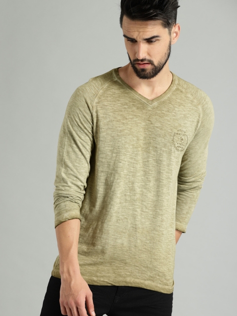 

Roadster Olive Green Solid V-Neck Pure Cotton T-shirt