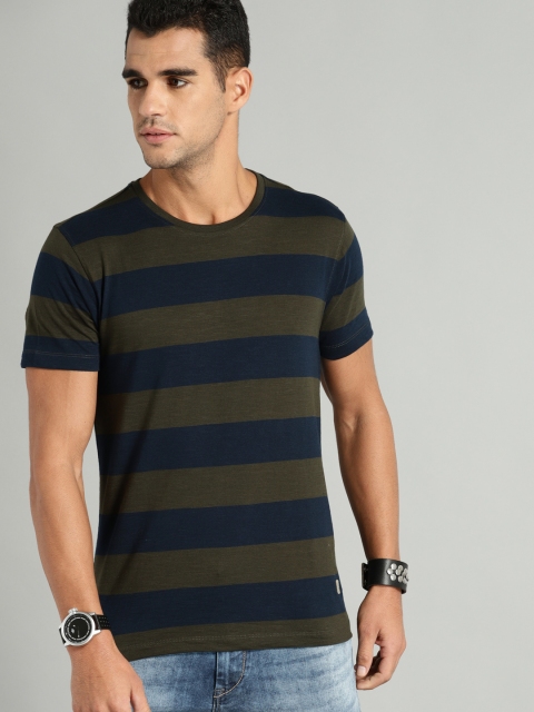 

Roadster Men Olive Green & Navy Striped Round Neck T-shirt
