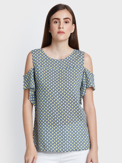 

AND Women Blue Geometric Printed Cold-shoulder Top