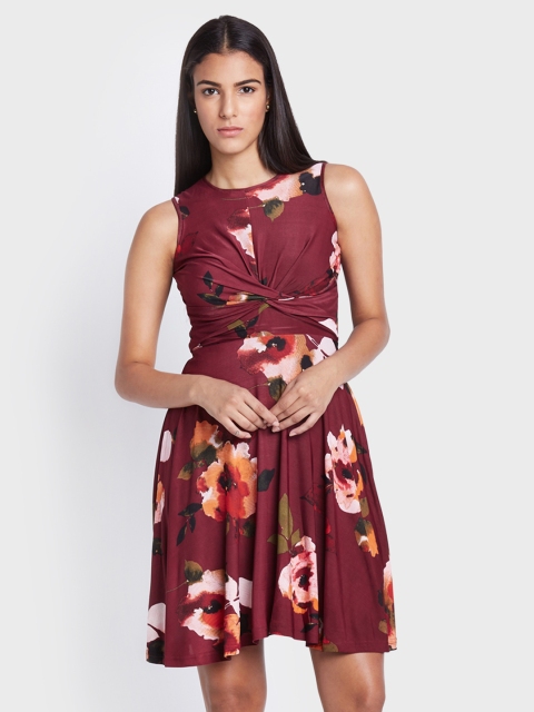 

AND Women Maroon Printed Fit and Flare Dress