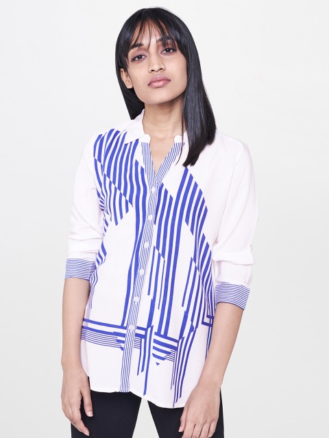 

AND Women White & Blue Regular Fit Striped Casual Shirt