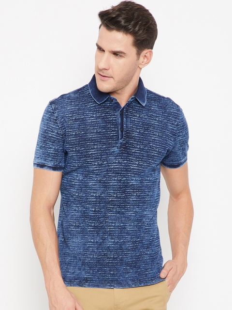 

CAMLA Men Navy Blue Self-Striped Polo Collar T-shirt
