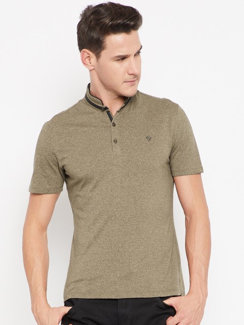 

CAMLA Men Olive Brown Solid Stand Collar T-shirt