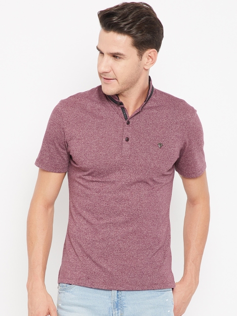 

CAMLA Men Burgundy Solid Stand Collar T-shirt