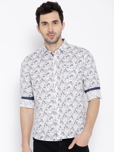 

CAMLA Men White & Navy Blue Regular Fit Printed Linen Shirt