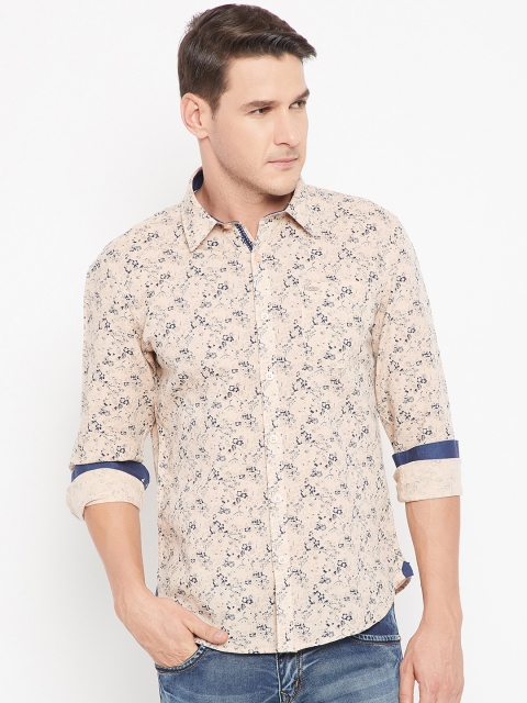 

CAMLA Men Beige & Navy Blue Regular Fit Linen Printed Casual Shirt