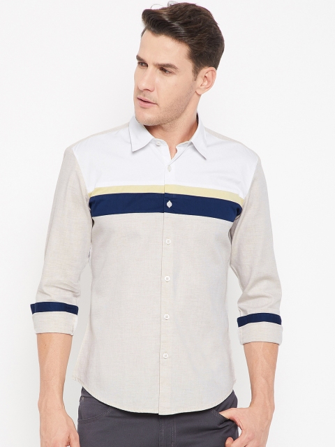 

CAMLA Men White & Beige Slim Fit Striped Casual Shirt