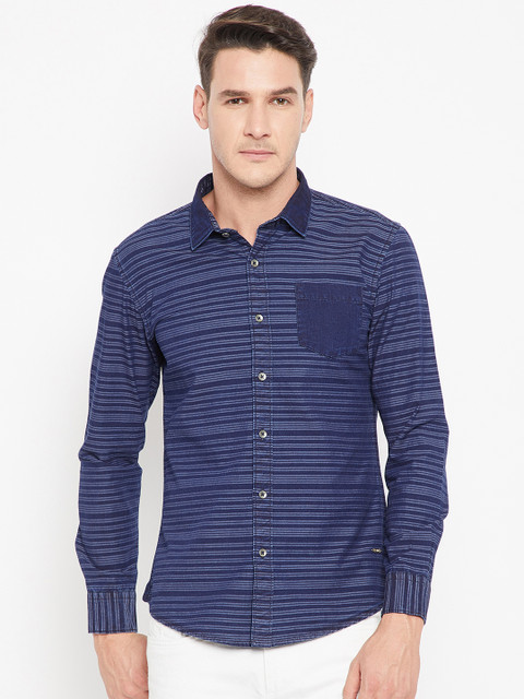 

CAMLA Men Navy Blue Slim Fit Striped Casual Shirt
