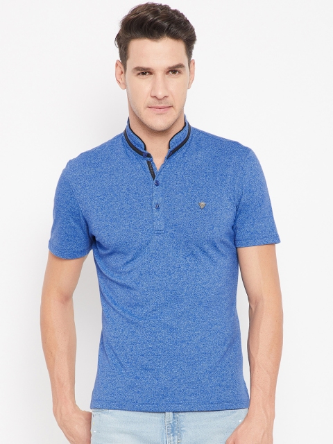 

CAMLA Men Blue Solid Stand Collar T-shirt