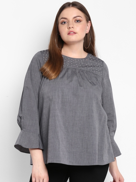 

NuBella Plus Size Women Grey Solid A-Line Pure Cotton Top