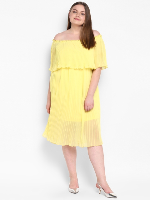 

NuBella Plus Size Women Yellow Self Design Off-Shoulder A-Line Dress