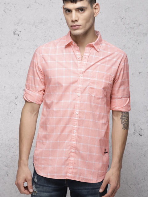 

Ecko Unltd Men Peach-Coloured & White Slim Fit Checked Casual Shirt